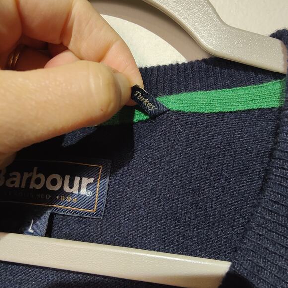 Barbour Men's Sz L Navy Blue Pullover Sweater V Neckline 100% Lambswool - Picture 4 of 8